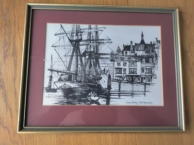 Cove Quay alte Weymouth Linie Zeichnung Hafen antiker Druck dekorative Kunst klein