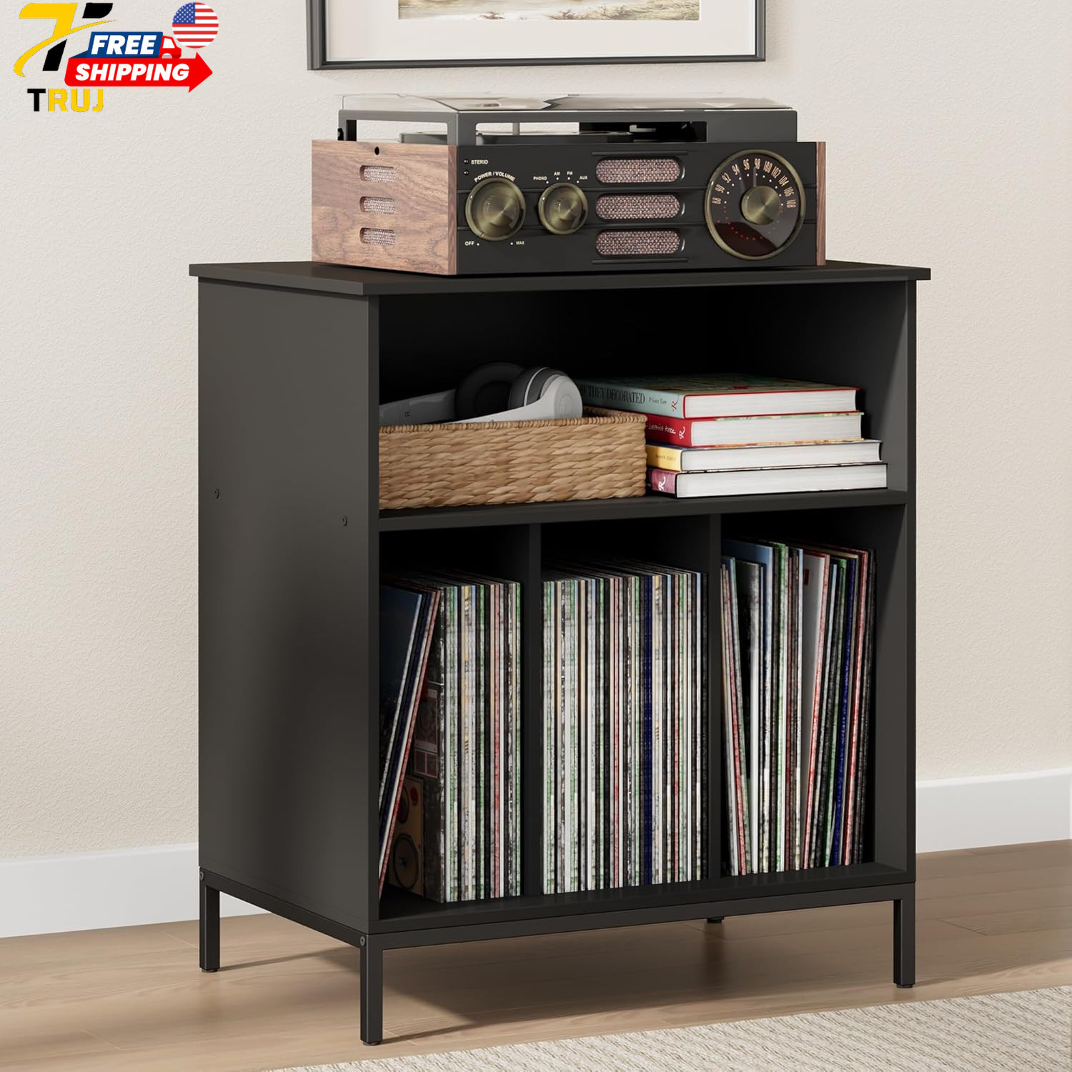 Record Player Stand Vinyl Storage Cabinet Large Record Holder Modern Stereo 23.6