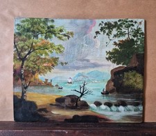 Dipinto quadro olio su tavola firmato, paesaggio, marina, rovine classiche 