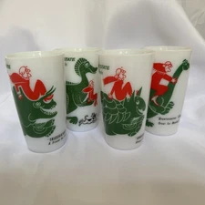 Set of 4 Vintage 1960s Sinclair Oil & Gas Dinosaur Milk Glasses Mother Bay State