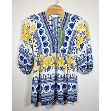 Farm Rio Azulina Mini Dress Women Medium Blue Yellow Floral Tropical Puff Sleeve