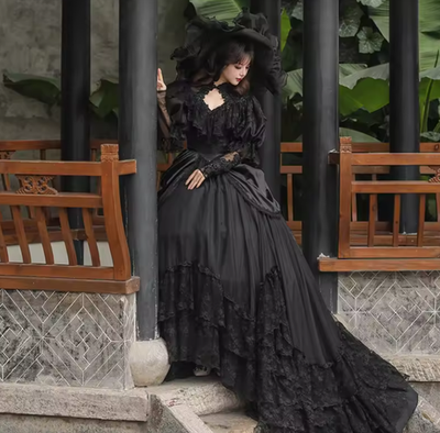Princess Black Flower Wedding Dress Long Sleeve Ball Gown Lace Up Gothic  Style | eBay