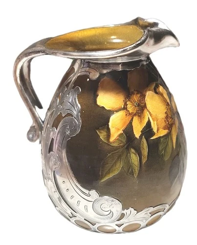 Rookwood Pottery  ewer silver overlay 1893  4X4.75" Hand designed CS Iris glaze