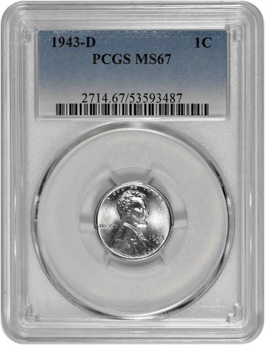 1943 D 1C Lincoln Steel Wheat Cent PCGS Graded MS 67 with New Holder