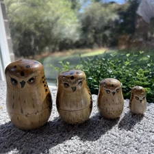 Vintage Owl Nesting Dolls Set of 4 Matryoshka Style Wooden Folk Art Decor