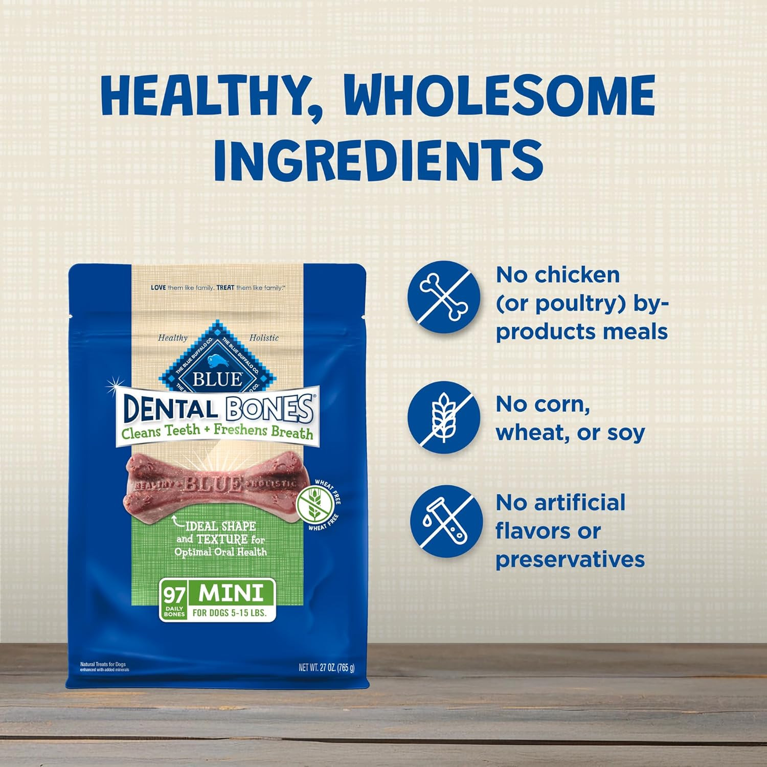 Dental Bones Mini Natural Dental Chew Dog Treats, (5-15 Lbs) 27-Oz