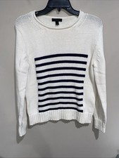 J. Crew Ivory Navy Blue Striped Rollneck Sweater Nautical Chunky Knit Cotton Sm