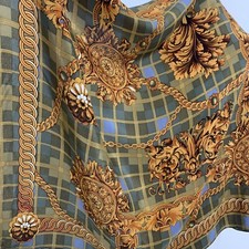 TIE RACK 100 Silk Scarf 34"   Baroque Chain  Plaid Print, Green Gold A45