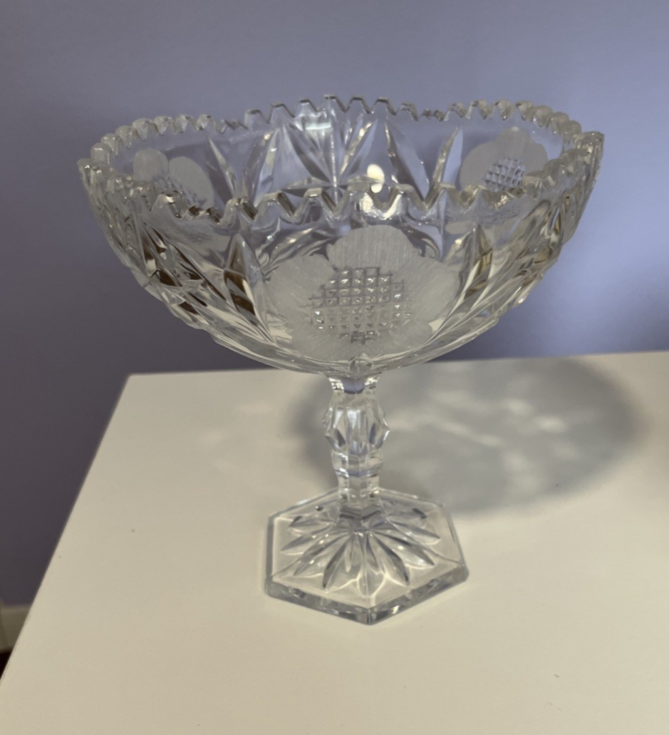 Frosted Etched Flower Cut Glass Compote Bowl 6.75 Inches Tall