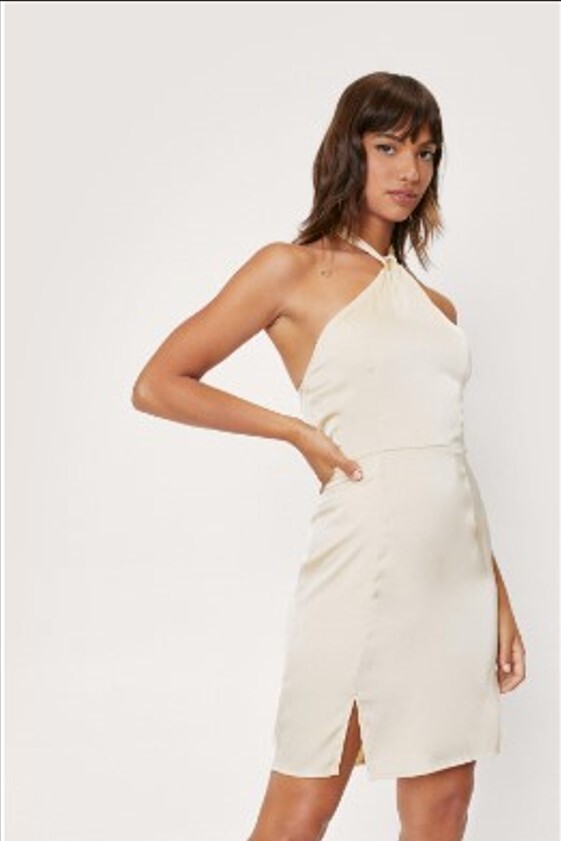 S] Nasty Gal Small Satin Halterneck Split Hem Mini Dress Ecru Tan Beige |  eBay