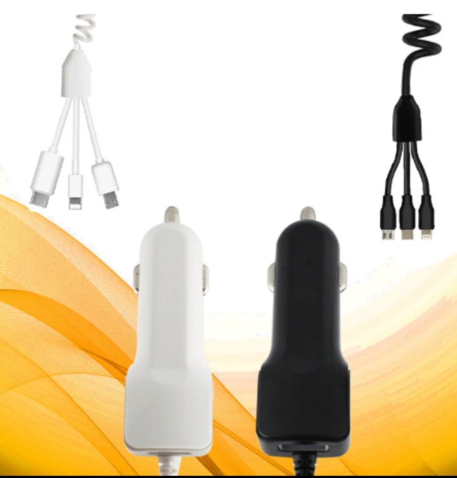 3 in 1 2100mA USB Super Fast Car Charger With Cables For iPhone USB C Micro USB - Image 2 of 4