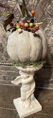 Faux Pumpkin Handpainted-Grays W/Leaves & Berries On Cherub Pedestal-Resin 13 