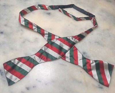 Vintage Tie Rack 100% Silk Striped Red Green Self Bow Tie Made In West Germany