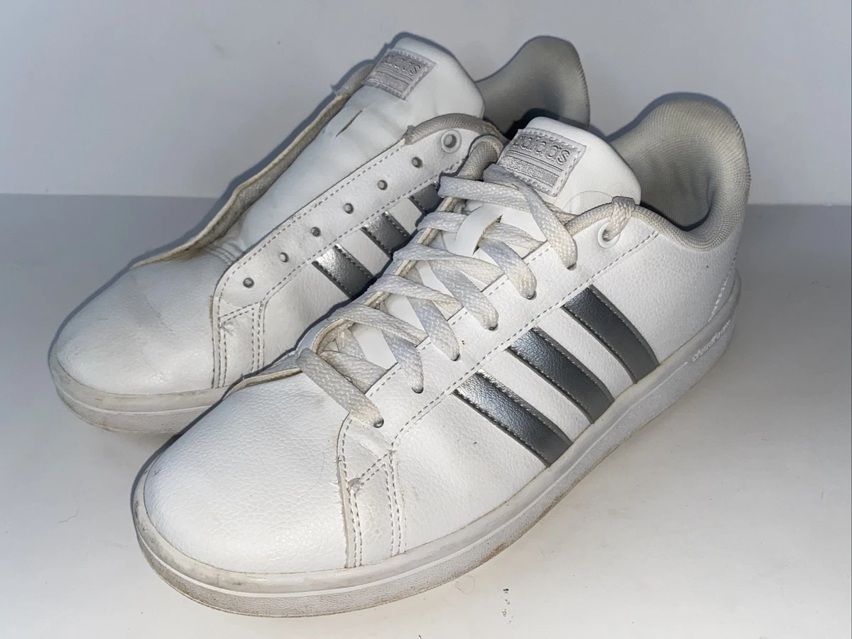 Adidas White Silver 3 Stripe Leather Shoes Sneakers Women's 8 | eBay