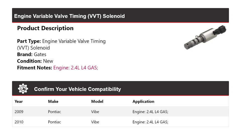 Puertas solenoides VVT para Pontiac Vibe 2009-2010 motor L4 de 2,4 L Foto 2 de 4