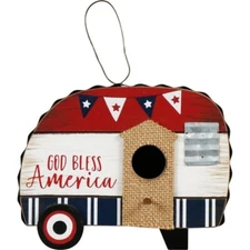Birdhouse Patriotic Wooden USA Camper Tin Roof American 7.5 x 5.5 x 3"