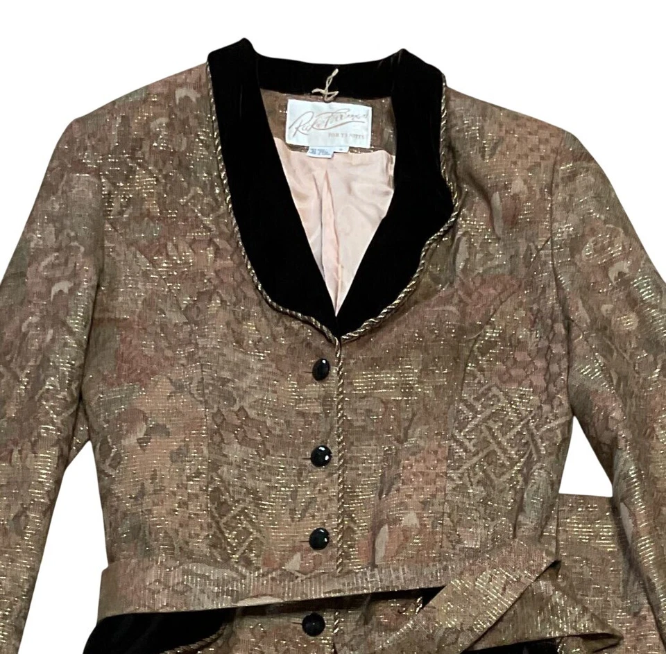 Traje Falda Vintage Rickie Freeman Talla 8 100% Lana Marrón Cinturón Brocado Mujer  Foto 2 de 4