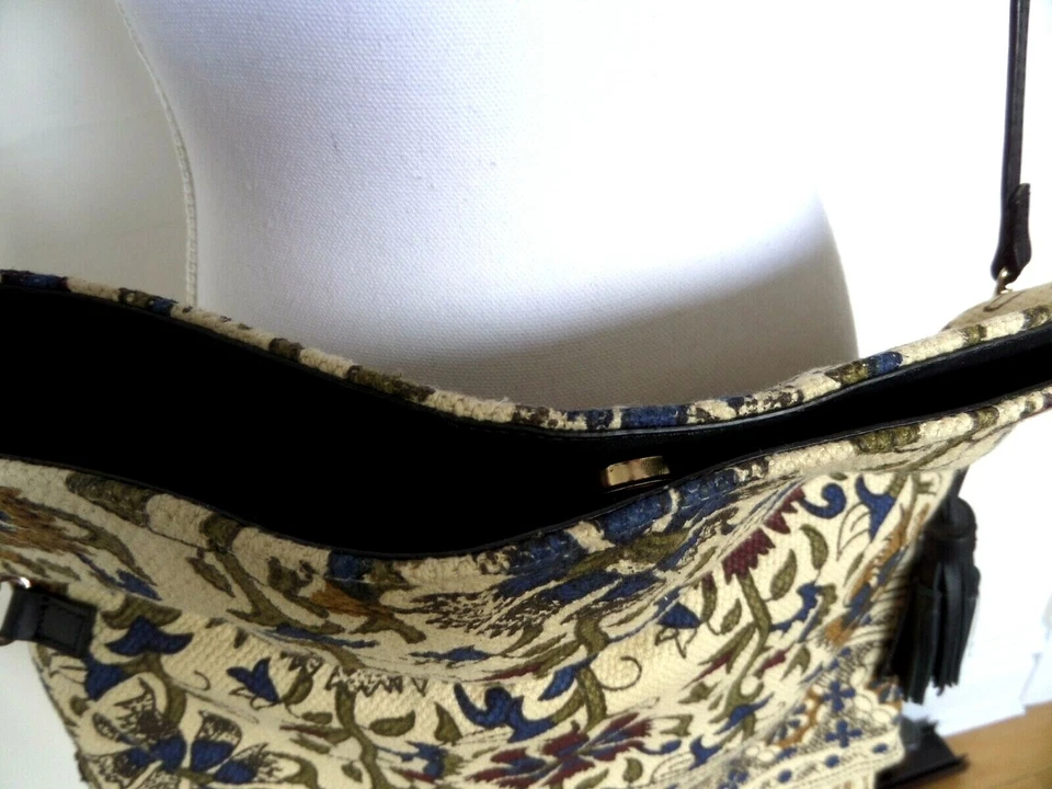 NWT ZARA Shoulder Crossbody Cotton Bag Fringe Calf Leather Beige Floral Medium  - Image 3 of 4