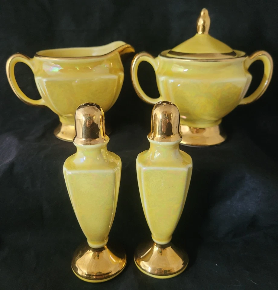 Vtg Art Deco CG Warranted 22K Gold Set Creamer Sugar S & P Yellow Lusterware  - Image 2 of 4