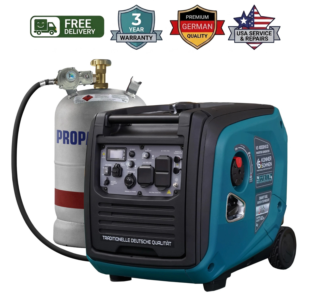 Konner & Sohnen KS 4000W Dual Fuel Portable Inverter Generator LPG/Gas CO Sensor