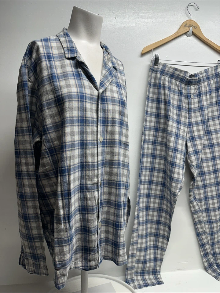 Juego de 2 pijamas Hanro de algodón manga larga a rayas azul para hombre talla L grande Foto 2 de 4