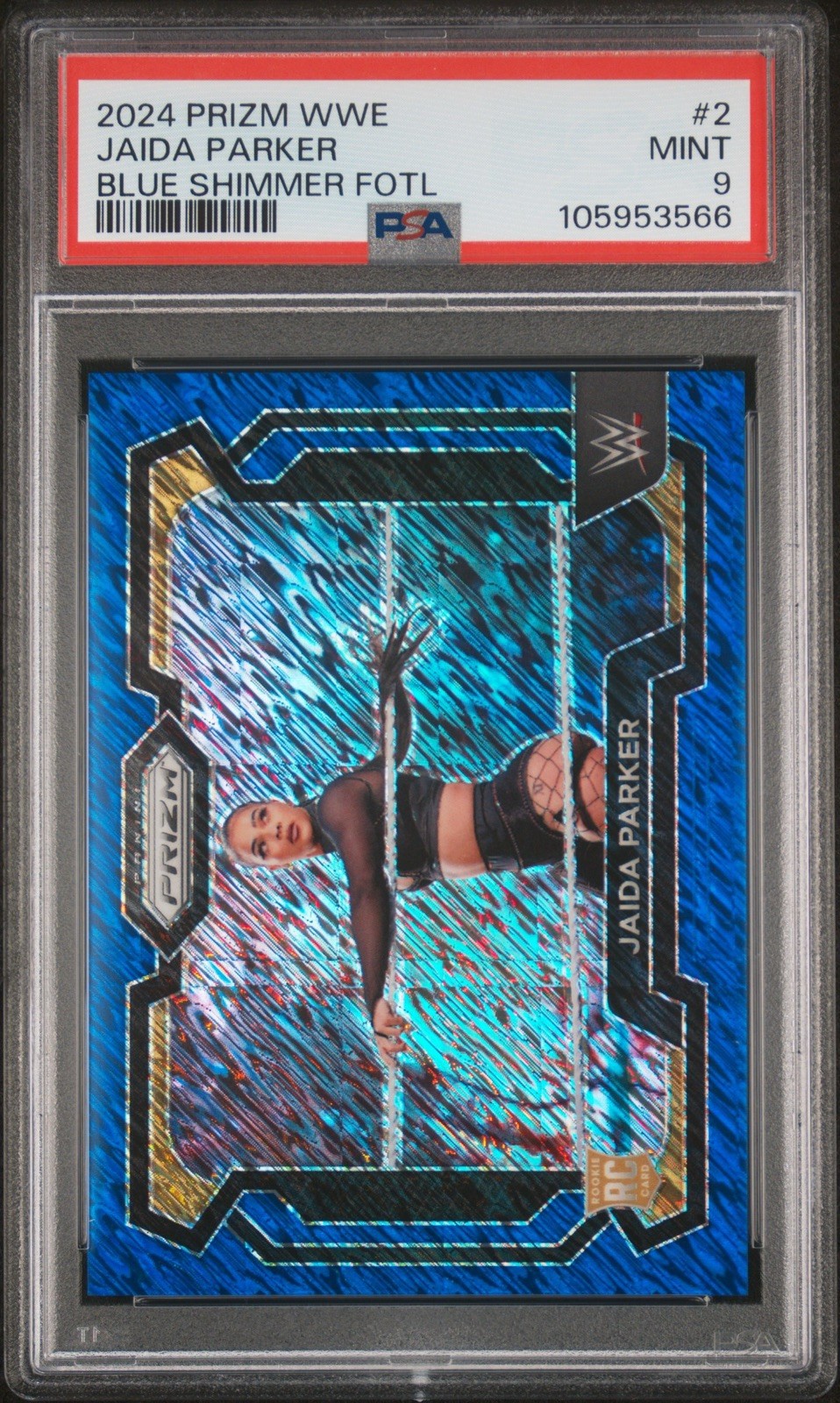 2024 Panini Prizm WWE Jaida Parker #2 Blue Shimmer Prizm /11 (RC) Bookend 11/11