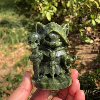 1pc Natural Green Jade Quartz carved Wizard Cat skull crystal reiki decor