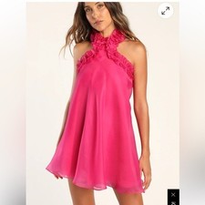 NWT-Lulu's-S-hot pink (Fuchsia)-organza, Ruffled, lined, Halter, Mini, Dress.