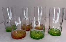 Libbey Impressions Crisa Green And Yellow Pinched Sides Tumblers And Rocks Glass