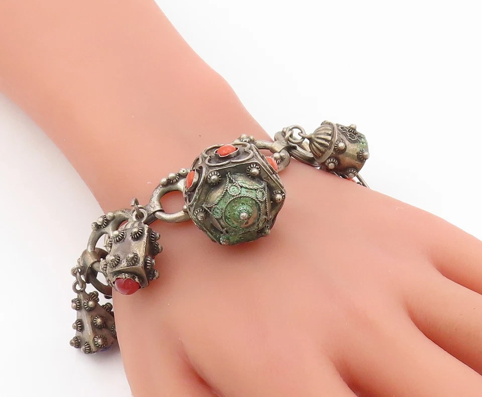 Pulsera de plata de ley 925 vintage con múltiples piedras preciosas eslabón antiguo BT11603 Foto 2 de 4