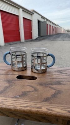 Alessi 18/10 Stainless Glass Mug Cup Set of 2 Blue Handles Italy
