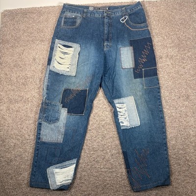Noiz Jeans Mens 40x34 Blue Patchwork Distressed Baggy Streetwear Skate Hip Hop
