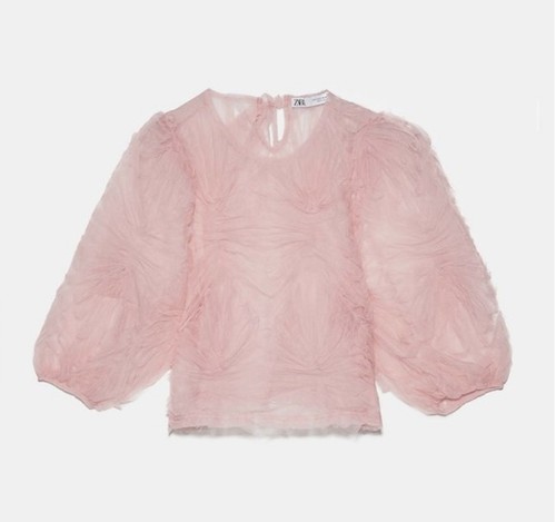 Zara Pink Tulle Textured Flower Puff Sleeve Top Blouse Size M NEW - Picture 12 of 15