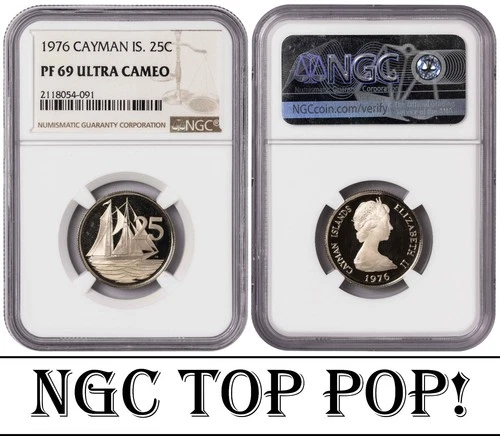 i-650639 Cayman Islands 25 Cents 1976. NGC PF 69 ULTRA CAMEO. TOP POP