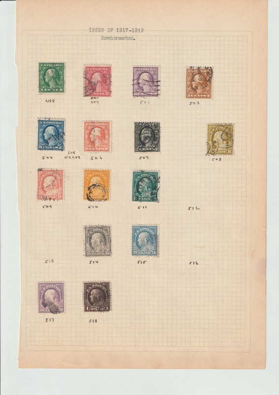 1917 unwatermarked Washington-Franklin series Scott 498–518, 15 mounted stamps