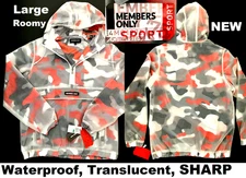 Members Only Translucent Overlay Orange Black Camo Hooded Rain Jacket Mens Large