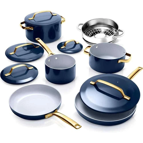 Modern 11-Piece Aluminum Ultra Performance Ceramic Nonstick Cookware Set in Navy