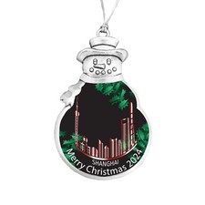 Shanghai City Skyline Vacation 2024 Silver Snowman Christmas Ornament Gift