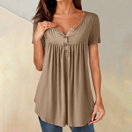 Women Tunic Tops Dressy Casual Summer Short Sleeve Shirts Loose Fit Pleated - Picture 25 of 60