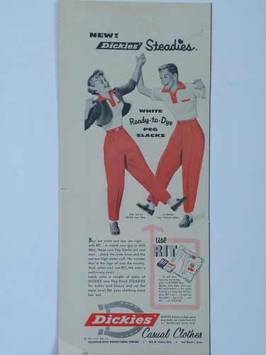 1955 vintage Dickies clothing print ad. White ready to dye peg slacks - 第 1/1 張圖片