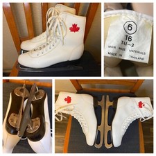 Vintage Brookfield White Ice Skates Women  s Size 6 with SLM Canada 9-1/3 Blades