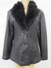 Maxima Black Leather & Faux Fur Collar Long Sleeve Jacket Size L