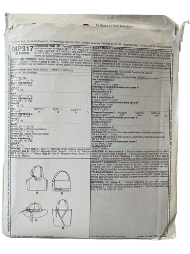 McCalls Sewing Pattern MP317 4794 Bags Purses Handbags Hat LAURA ASHLEY - Picture 2 of 2
