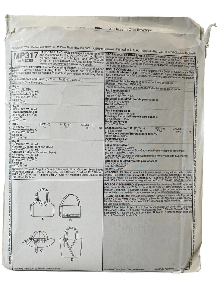McCalls Sewing Pattern MP317 4794 Bags Purses Handbags Hat LAURA ASHLEY - Image 2 of 2