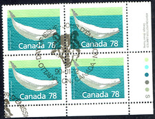 Canada #1179 Beluga Whale (1990) 78¢ Used Plate Block LR FDC Cancel 159P4