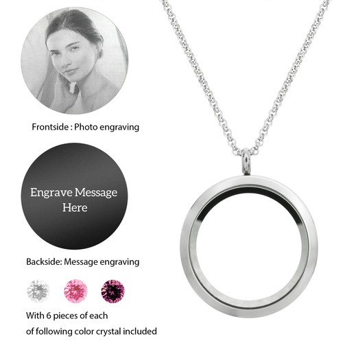 Personalized Photo & Message Engrave Floating Crystals Locket Pendant Necklace - Picture 26 of 54