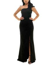 $79 Emerald Sundae Juniors' Ruffled One-Shoulder Gown | Black | 2XSmall