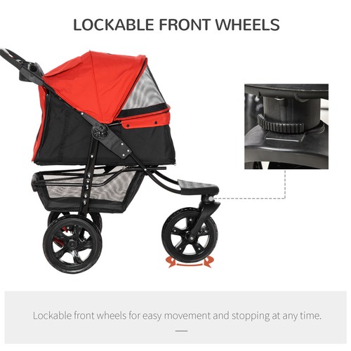 Folding 3 Wheel Pet Stroller Travel Adjustable Canopy Storage Brake Red Pawhut - Picture 5 of 8