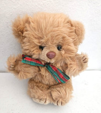 Vintage Teddy Bear Plush Stuffed Animal Shaggy Tan Brown Fur Red Green Bow