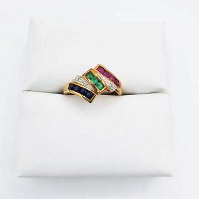 Rundschliff Rubin Saphir Smaragd & Diamant 9k Gelbgold Ring-Größe 7 Neu im Karton